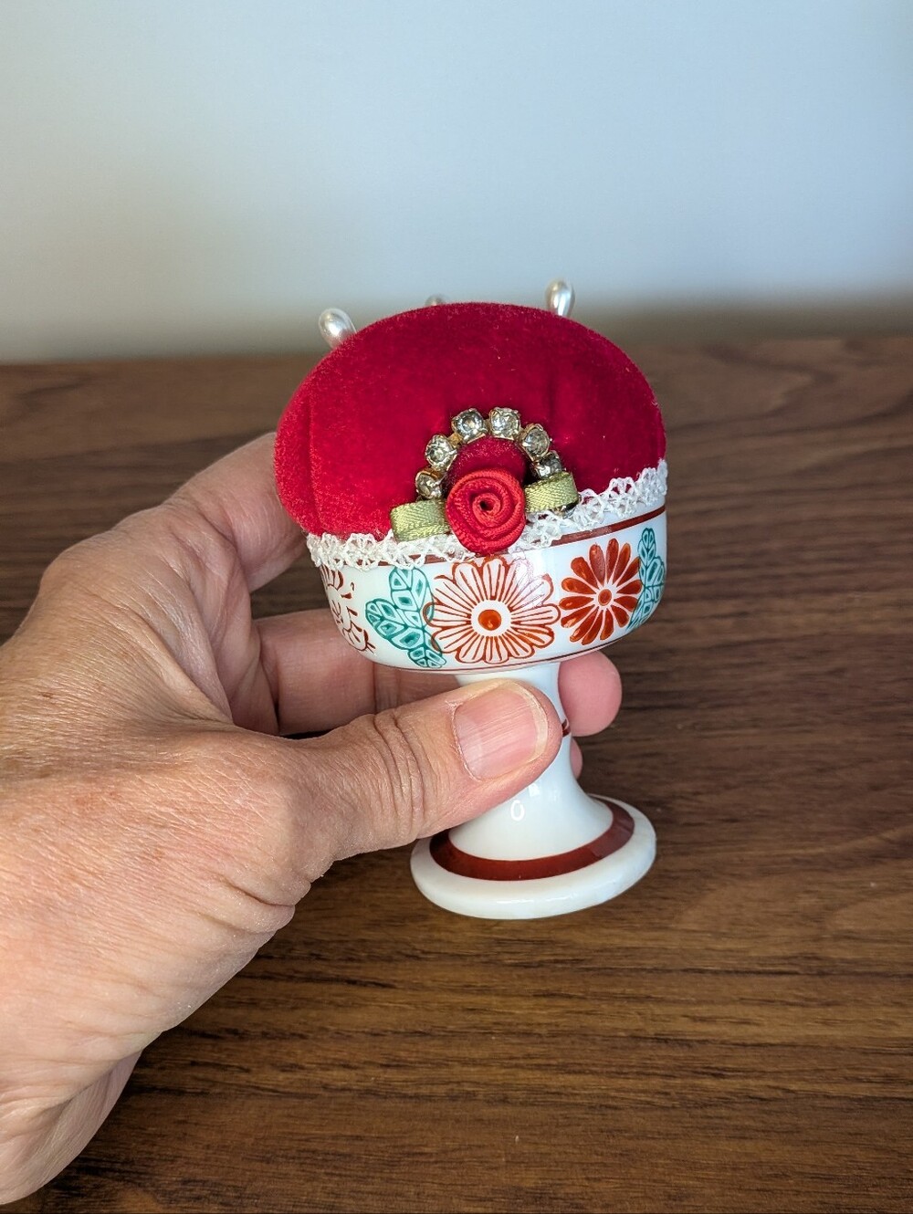 Vintage Japanese Porcelain Pedestal Floral velvet Pincushion Retro sewing